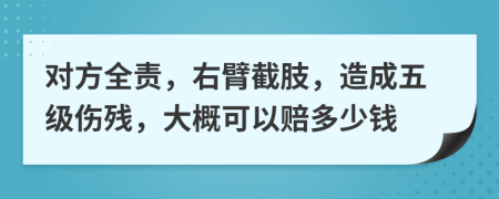 对方全责，右臂截肢，造成五级伤残，大概可以赔多少钱