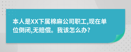 本人是XX下属棉麻公司职工,现在单位倒闭,无赔偿。我该怎么办?