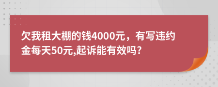 欠我租大棚的钱4000元，有写违约金每天50元,起诉能有效吗?