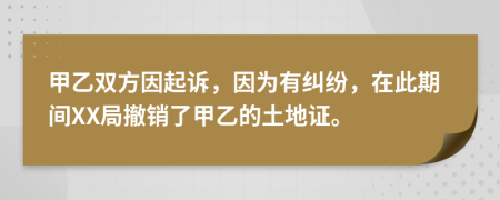 甲乙双方因起诉，因为有纠纷，在此期间XX局撤销了甲乙的土地证。