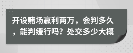 开设赌场赢利两万，会判多久，能判缓行吗？处交多少大概