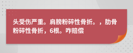 头受伤严重。肩膀粉碎性骨折。，肋骨粉碎性骨折，6根。咋赔偿