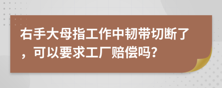 右手大母指工作中韧带切断了，可以要求工厂赔偿吗？