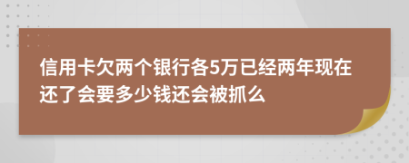 信用卡欠两个银行各5万已经两年现在还了会要多少钱还会被抓么