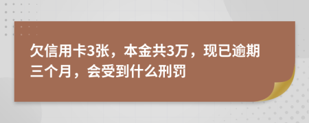 欠信用卡3张，本金共3万，现已逾期三个月，会受到什么刑罚