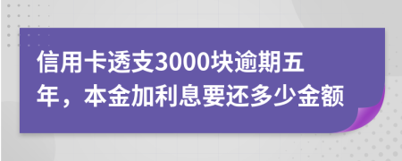 信用卡透支3000块逾期五年，本金加利息要还多少金额