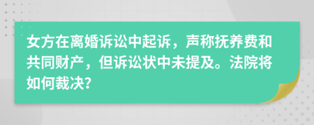 女方在离婚诉讼中起诉，声称抚养费和共同财产，但诉讼状中未提及。法院将如何裁决？