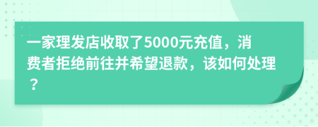 一家理发店收取了5000元充值，消费者拒绝前往并希望退款，该如何处理？
