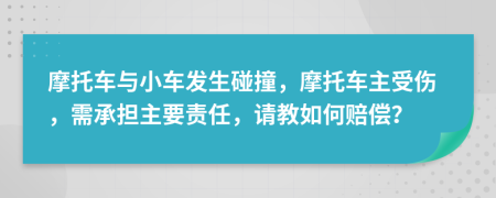 摩托车与小车发生碰撞，摩托车主受伤，需承担主要责任，请教如何赔偿？